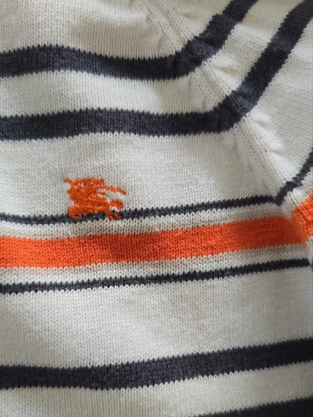 Burberry White Navy Striped Zip Cardigan with Orange Stripe